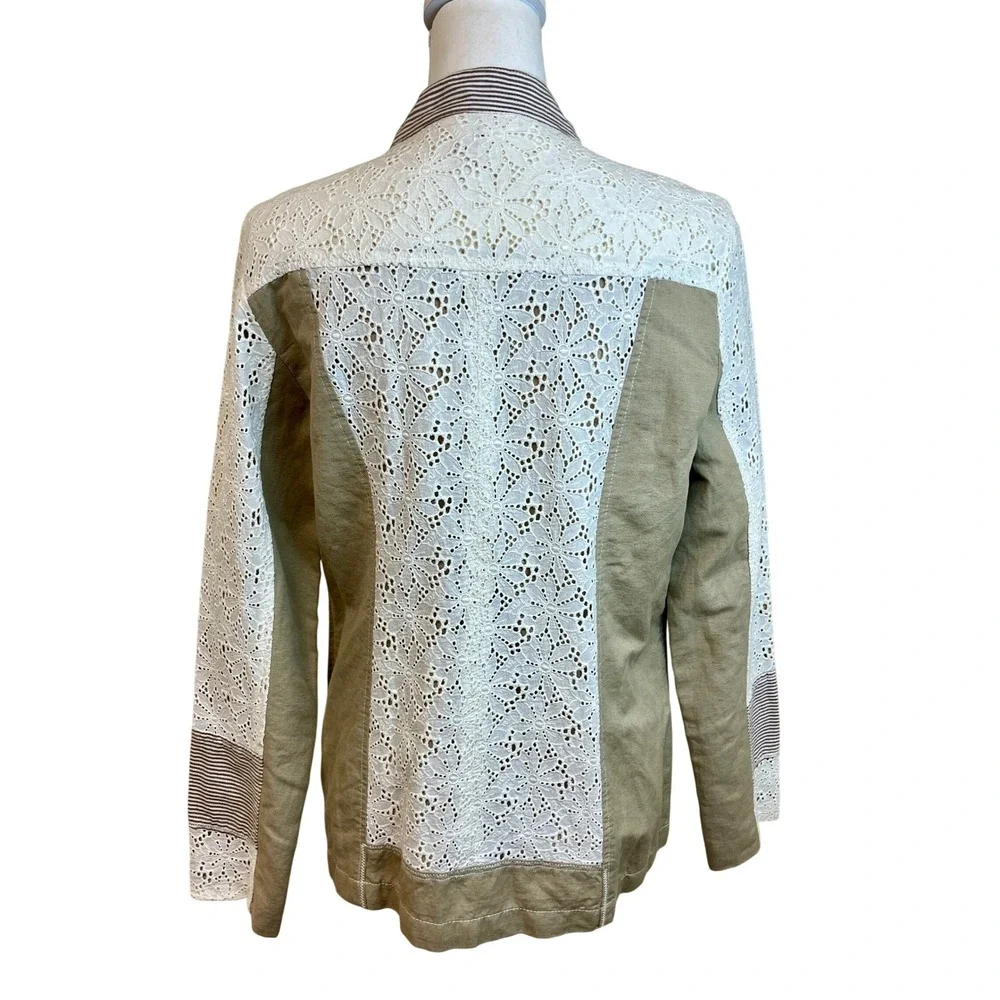 SUNDANCE Linen Cotton Lace Blazer Jacket Womens Sz 6 Tan Boho Coastal Patchwork